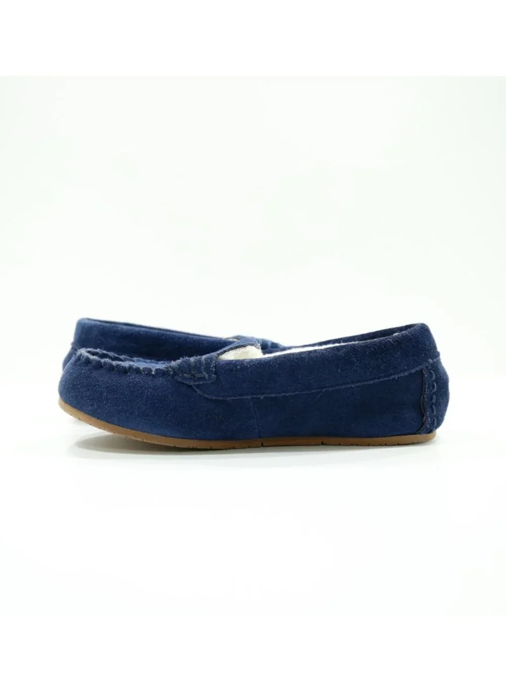 Lands' End Blue Suede Faux-Fur Lined Moccasin Slippers - Boys' 4